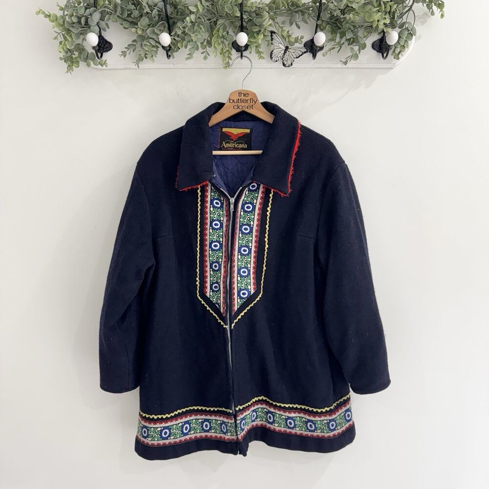 Vintage Americana Navy Embroidered Full Zip Wool Coat